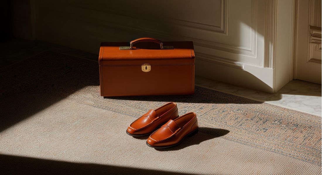 Sonder Elegant brown loafers and classic briefcase in sunlit room interior photography vintage aesthetic