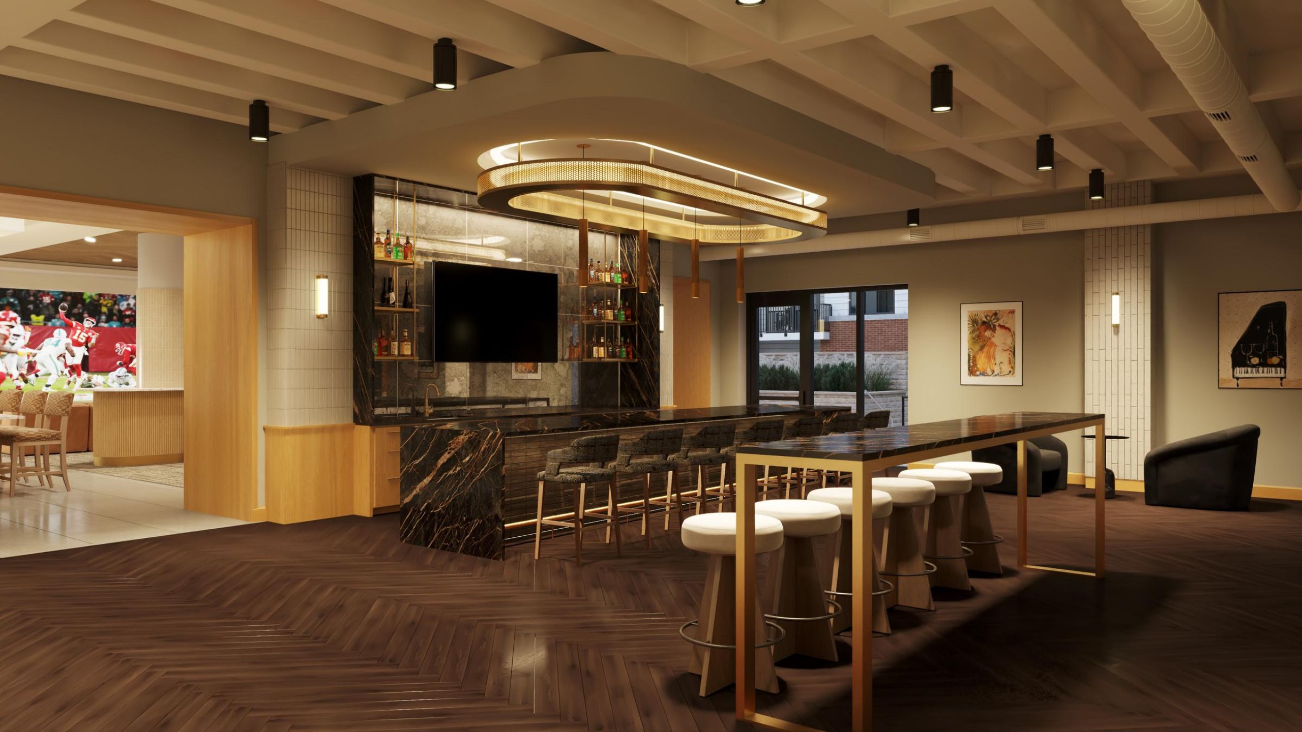 Sonder A contemporary bar featuring a large television and a sleek bar area, inviting patrons to relax and enjoy their drinks.