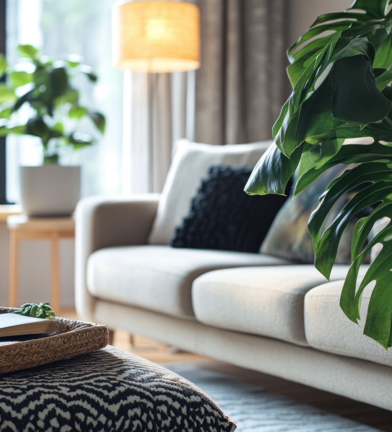 Sonder A cozy living room featuring a couch, coffee table, and several indoor plants for a fresh ambiance.