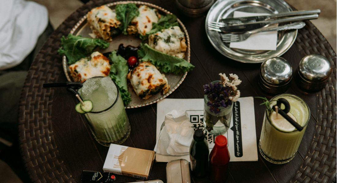Close up of elegant dinner served at fine dining restaurant 