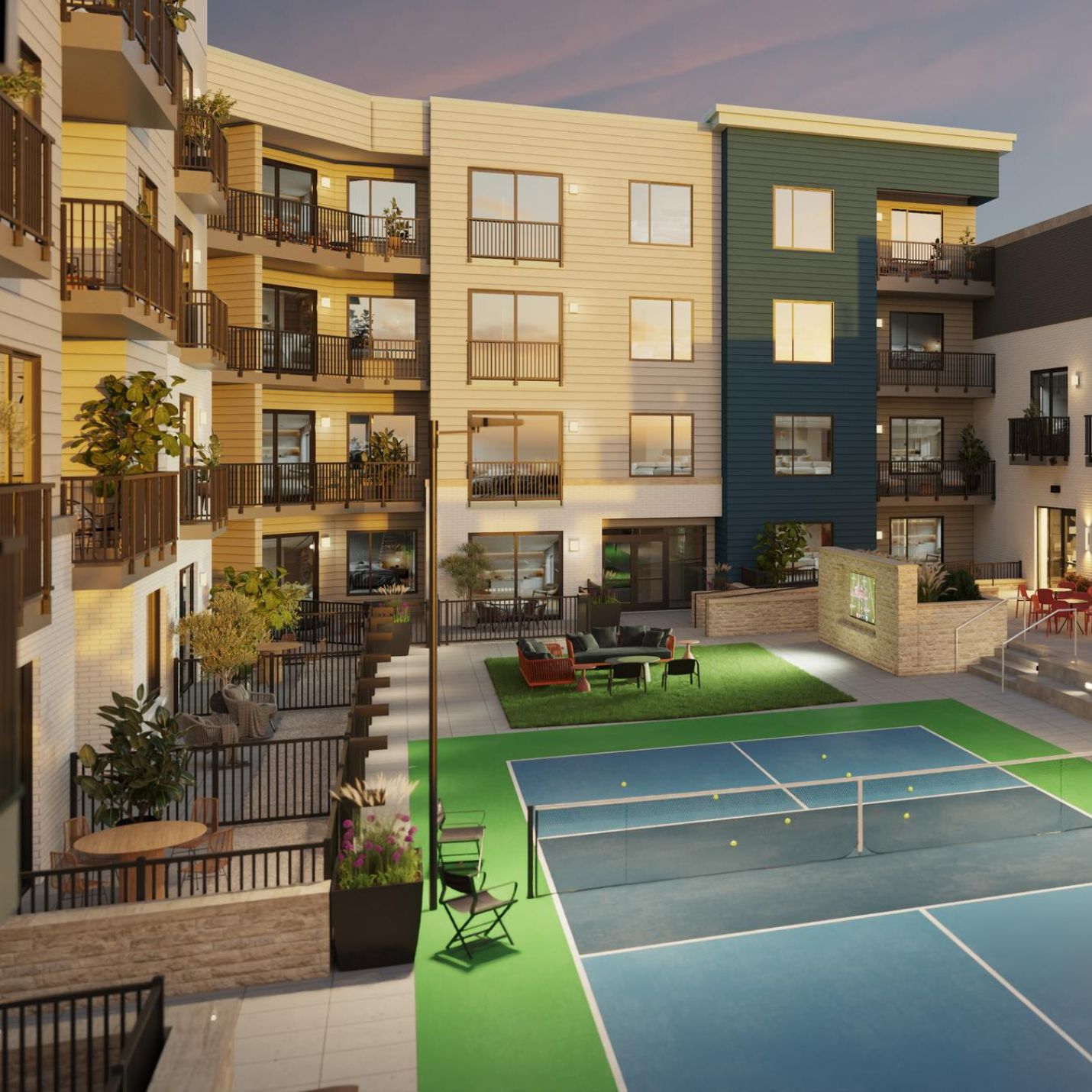 Sonder View of an apartment complex with well-maintained tennis courts and a sparkling swimming pool.