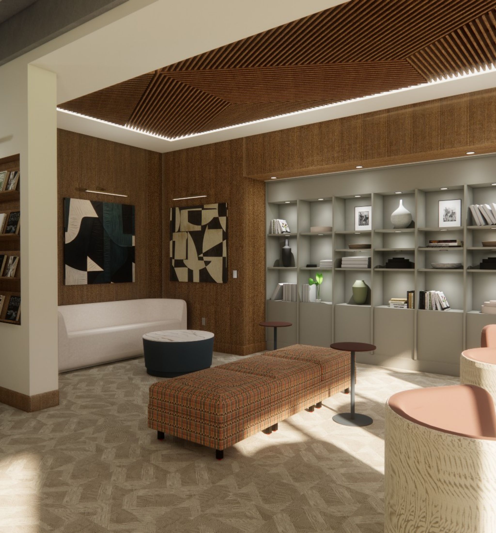 Leawood Village apartment kitchen with large windows, custom cabinets, stainless steel appliances, and kitchen island with bar