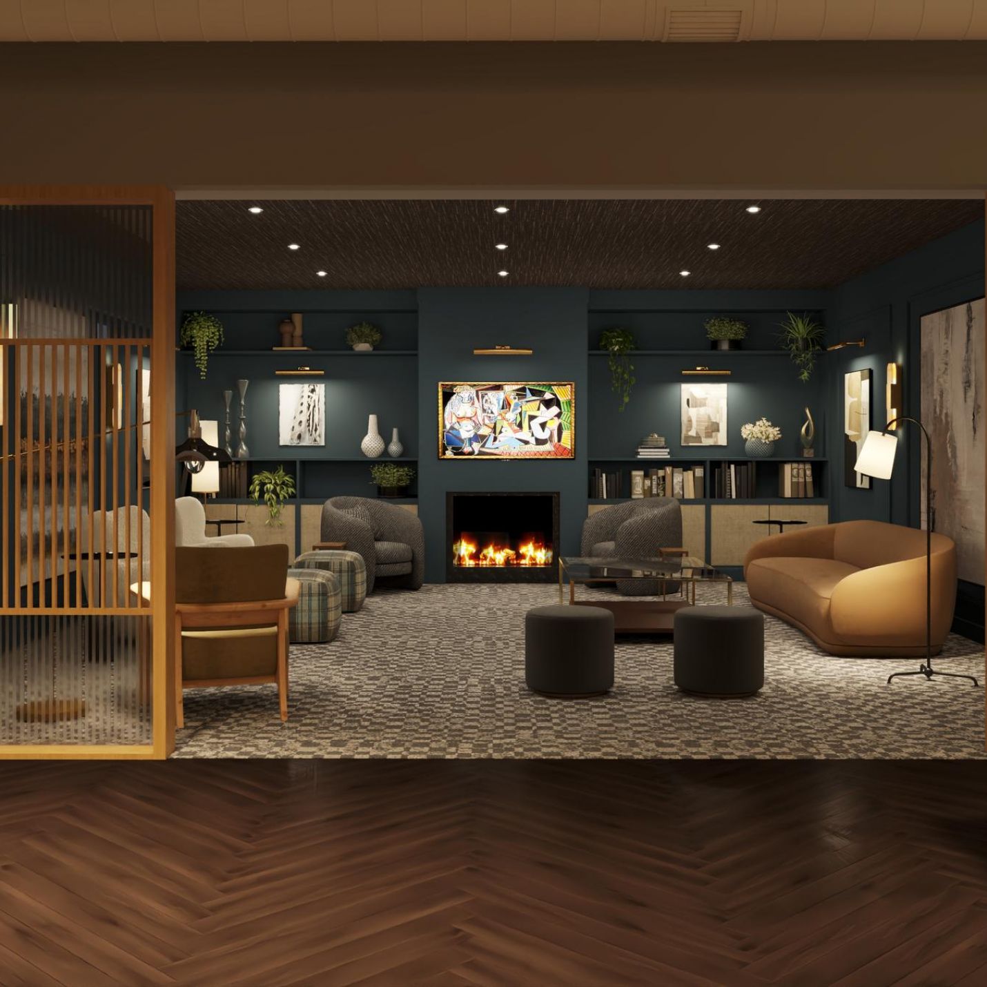 Sonder cozy living room featuring a fireplace surrounded by comfortable chairs.