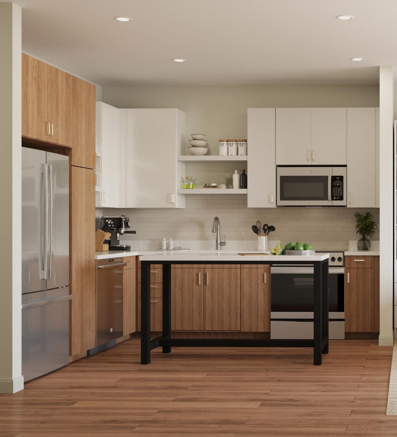 Sonder A modern apartment interior featuring a bed, kitchen area, and a ceiling fan overhead.