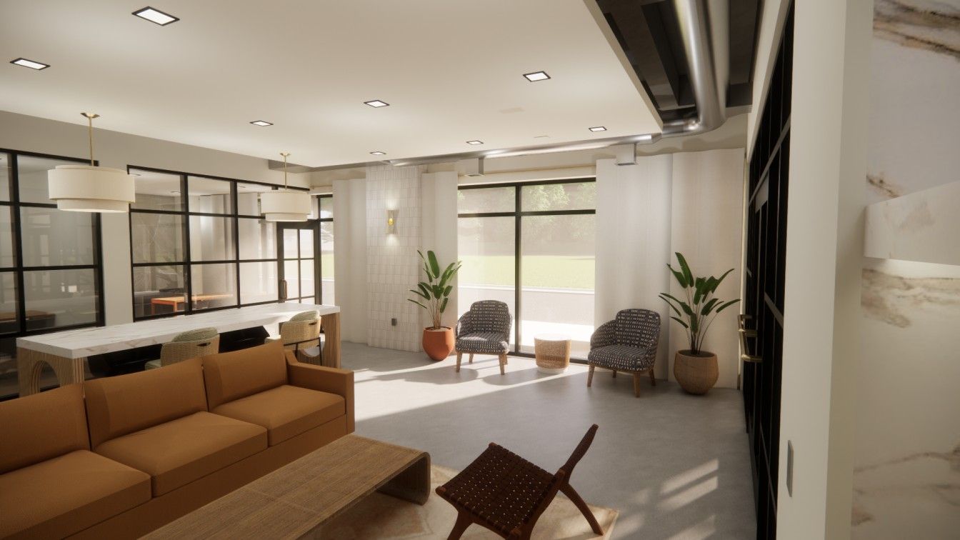 Sonder Modern, bright lounge featuring a brown sofa, wooden coffee table, plants, and large windows, creating a welcoming atmosphere.