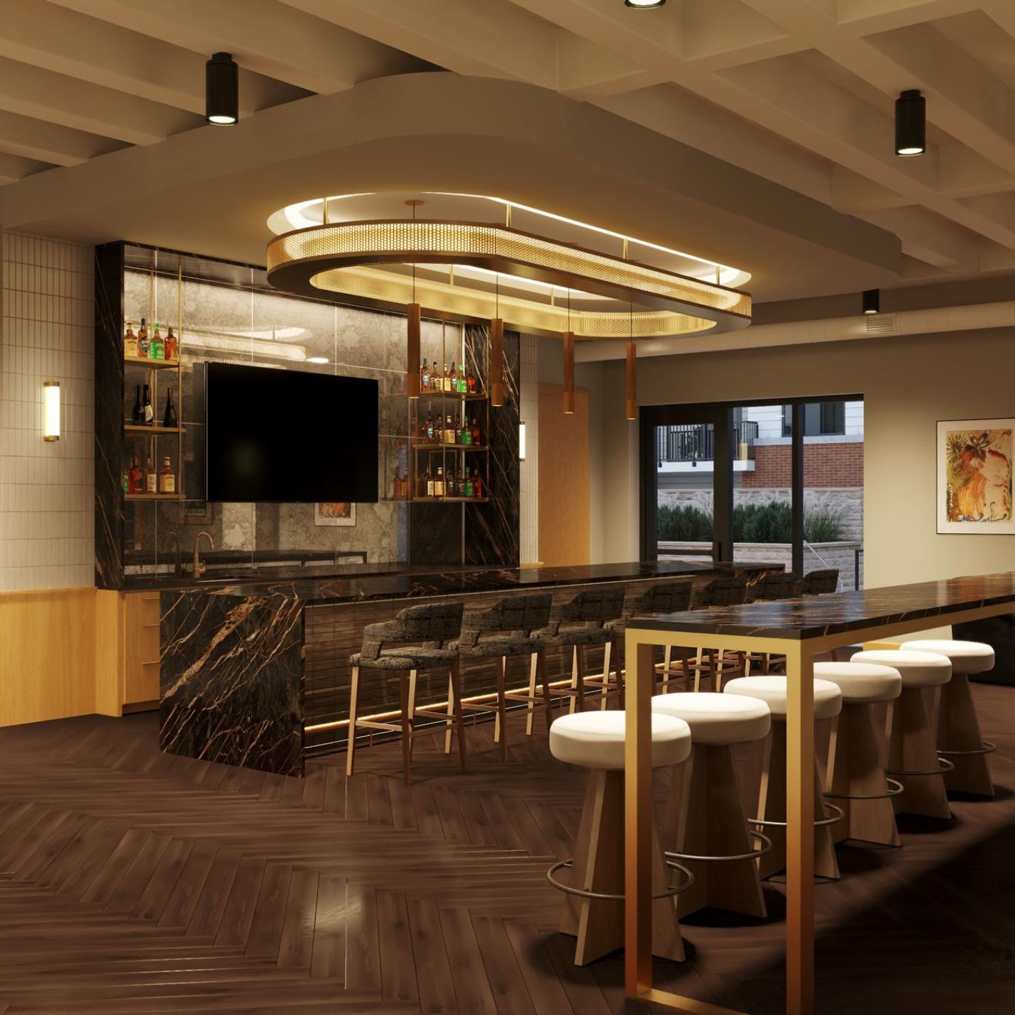 Sonder A contemporary bar featuring a large television and a sleek bar area, inviting patrons to relax and enjoy their drinks.