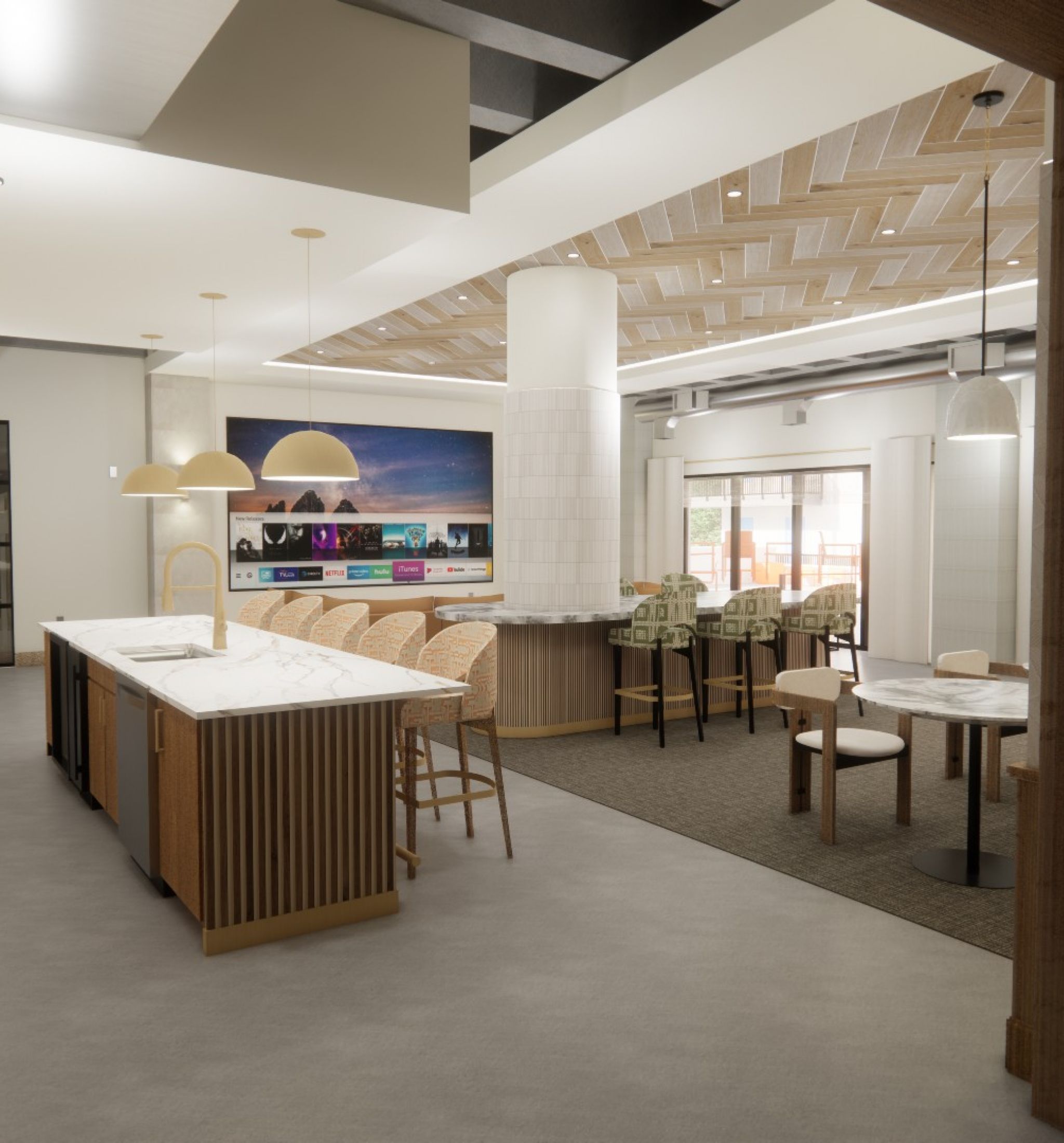 Sonder Modern kitchen and dining area featuring sleek cabinetry, marble countertops, and stylish seating in a bright, open layout.
