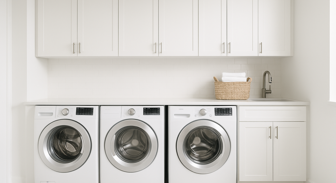 Sonder A bright white laundry room featuring a washer and dryer side by side against a clean, minimalist backdrop.