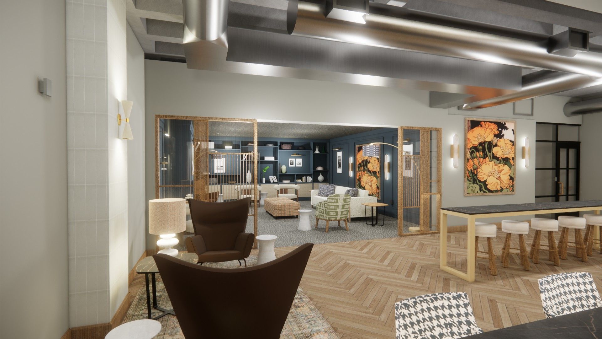 Sonder Modern lounge area featuring stylish seating, wooden accents, and vibrant floral art. Natural light enhances the cozy atmosphere.